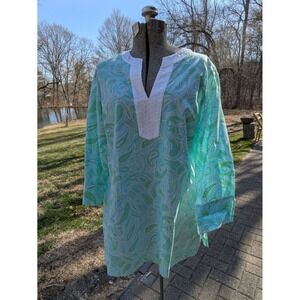 LL Bean Tunic Shirt Swim Cover-Up Sz L-Reg 3/4 Slv V-Neck Eyelet Beach Vacation